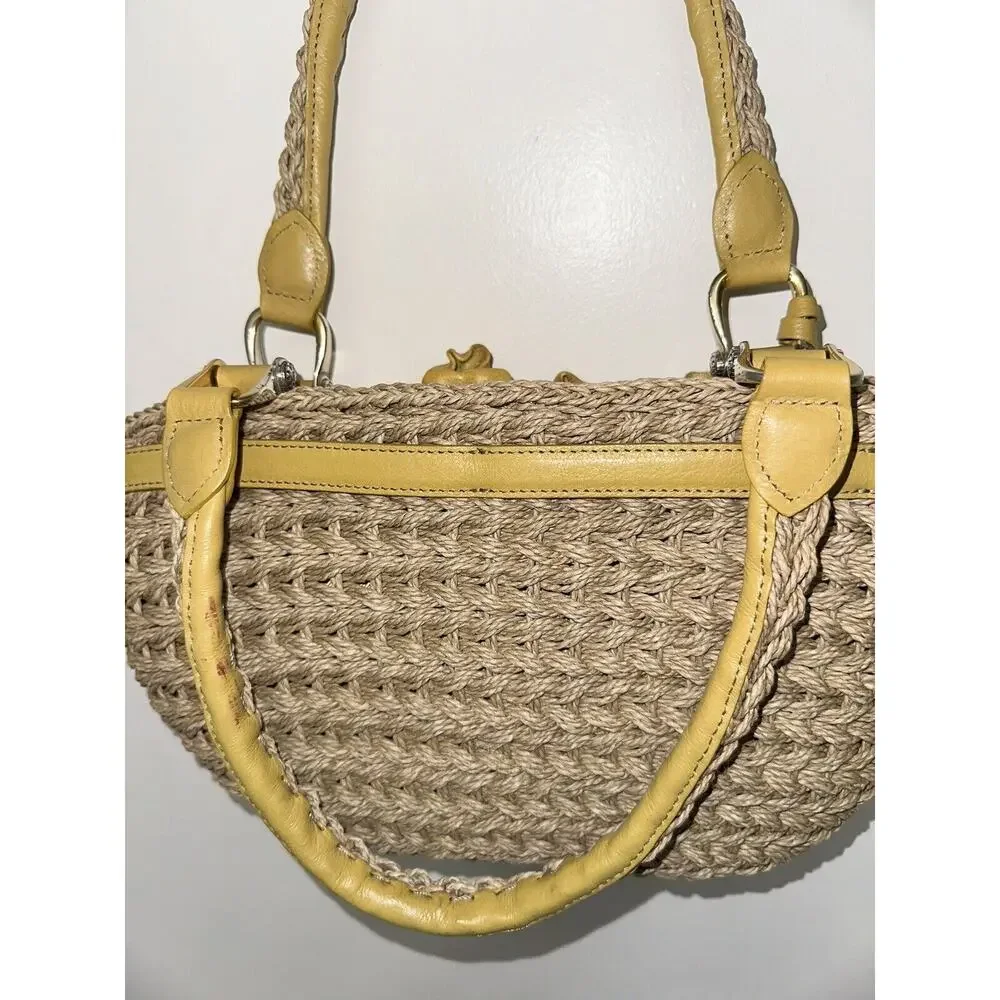 Brighton Straw Yellow Leather‎ Flower Handbag Top Handle Bag Boho Shabby Chic
